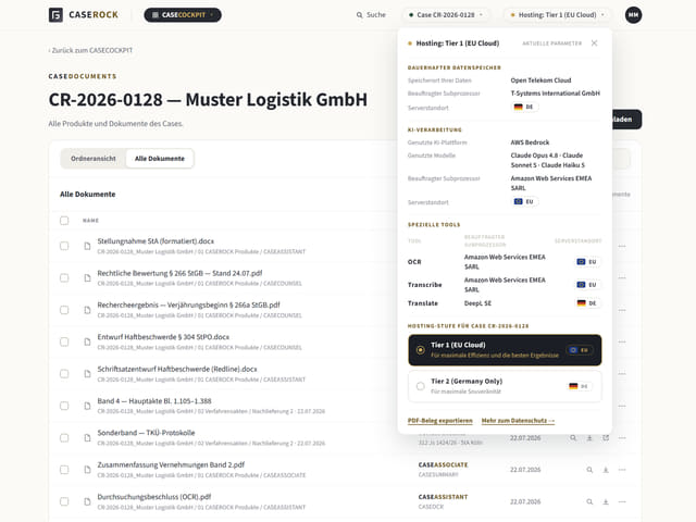 Hosting-Parameter je Case: Speicherort, Modelle und Subprozessoren