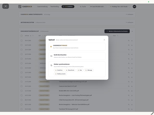 Upload-Dialog: CASEROCKSTORAGE, Gerät durchsuchen oder Ordner synchronisieren mit OneDrive, SharePoint, Box, iManage und NetDocuments