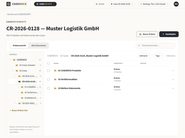 CASEDOCUMENTS: Ordneransicht des Cases mit Produkten, Verfahrensakten und weiteren Dokumenten