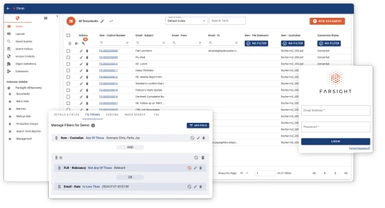 eDiscovery-Oberfläche: Dokumentenansicht mit Filterung